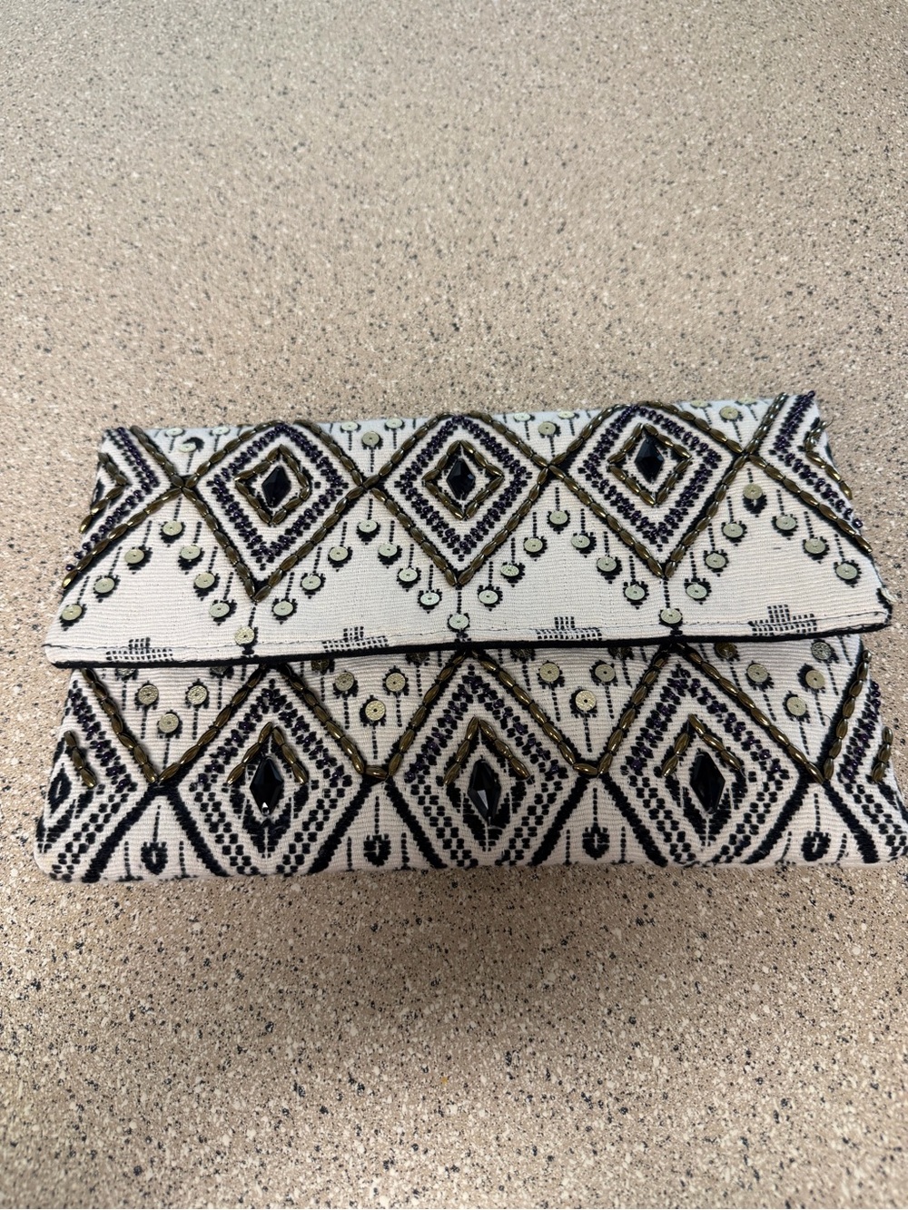 Embroidered Diamond Pattern Foldover Clutch - Ivory